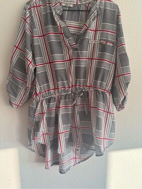 Women’s Black & White Plaid Drawstring Tunic with Red Accents